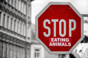 Image of a Stop sign with a sticker attached reading "Eating Animals"